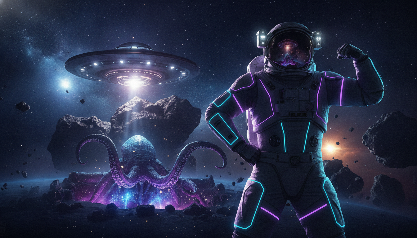 Cosmic Grit: Astronaut's Playful Power Pose Amidst Deep Space Endeavor